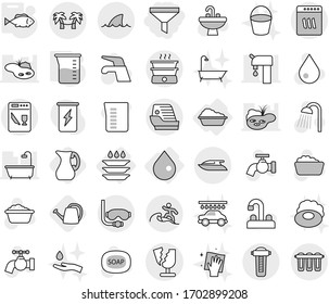 Editable thin line isolated vector icon set - funnel, broken, diving mask, surfer, cruise ship, yacht, palm hammock, shark flipper, drop, washing, plate, measuring cup, fish, jug, watering can, sink
