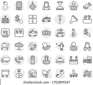 Editable thin line isolated vector icon set - tools, ambulance car vector, medical hat, doctor, phone 24, support manager, shipping, do not hook sign, package, atm, baggage trolley, hotel, transfer