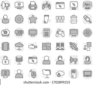 Editable thin line isolated vector icon set - calculator, monitor pulse vector, loudspeaker, cooler fan, chip, server, cloud, wireless mouse, printer, web camera, analytics, cd, browser window, bug