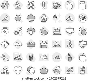 Editable thin line isolated vector icon set - apple vector, barn, flower bed, tent, island, shark flipper, landscape, recycle, dna, edit, walnut crack, thermometer, flour, honeycombs, rain cloud