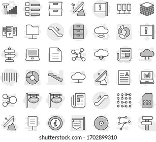 Editable thin line isolated vector icon set - bar code, store signboard, shop, list, info, archive vector, stairs, important flag, escalator, satellite antenna, cloud service, sim card, cd, circuit