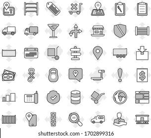 Editable thin line isolated vector icon set - cargo stoller, route vector, signpost, navigator, earth, map pin, attention, office, money, traffic light, phone, client, traking, truck trailer, car