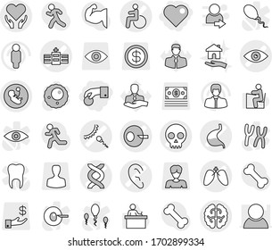 Editable thin line isolated vector icon set - hand coin, heart, disability vector, eye, dna, pregnancy, artificial insemination, hospital, skull, sperm, ear, stomach, lungs, brain, health care, man