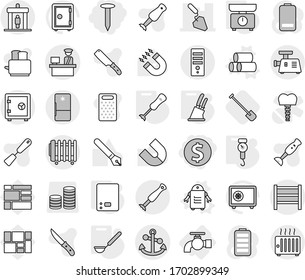 Editable thin line isolated vector icon set - dollar coin, nail, construction, customs control, rack, anchor, detector, safe, water tap, pipes vector, robot, kitchen scales, handle, ladle, blender