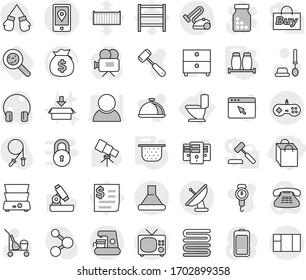 Editable thin line isolated vector icon set - shopping bag, mobile location, toilet, colander, salt pepper, viruses, cleaner trolley vector, brush, package, scales, towel, meat hammer, double boiler