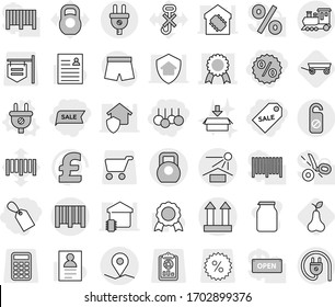 Editable thin line isolated vector icon set - label, sale, percent, medal, geo pin, sun potection, cargo top sign, heavy, bar code, train, do not distrub, plug vector, trailer, pear, package, jar