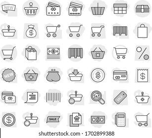 Editable thin line isolated vector icon set - cart, basket, money, purse, add to, delete, credit card, market, shopping list, bag, sale, bar code, dollar coin vector, receipt, percent, search, new