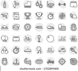 Editable thin line isolated vector icon set - stopwatch, dome house, stadium, car baggage, deltaplane, bike, motorcycle, diving mask, tennis, golf, jet ski, yacht, inflatable pool, award cup vector