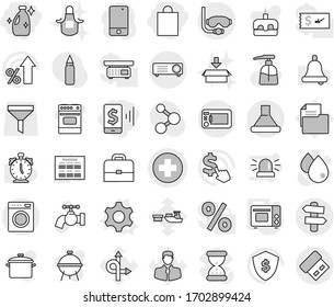 Editable thin line isolated vector icon set - mobile pay, shopping bag, cleanser, medical cross vector, diving mask, signpost, gear, grill oven, water tap, liquid soap, package, apron, pan, bbq, usb