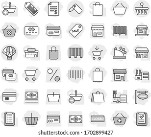 Editable thin line isolated vector icon set - cart, add to, basket, credit card, account balance, delete, shopping bag, sale label, bar code, cashbox, store signboard, shop, mall, parachute delivery