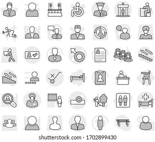 Editable thin line isolated vector icon set - wc, male sign vector, head reflector, client, support manager, do not trolley, security man, check in, detector, hospital, bed, Chair for babies, garden
