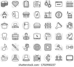 Editable Thin Line Isolated Vector Icon Set - Bbq, Scraper Vector, Sponge, Toilet Paper, Hand Mill, Music, Dollar Coin, Stack, Hierarchy, Cent Sign, Clipboard, Enegry Drink, Gymnast Rings, Office