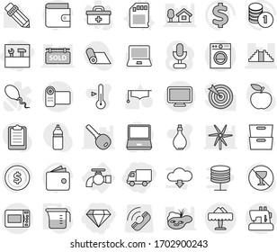 Editable thin line isolated vector icon set - delivery, diamond, tools, pyramid, restaurant, water tap, sd card vector, measuring cup, oil, thermometer, graduate hat, pencil, notebook pc, archive
