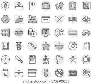 Editable thin line isolated vector icon set - remove from basket, tv, airport building, heavy, iron board, cauldron, watering, shower vector, garden cleaning, knife, oven, glasses, archive, exchange