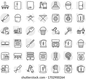 Editable thin line isolated vector icon set - iron board, washing machine, bucket, coffee maker, vacuum cleaner, kettle, kitchen scales, spatula, elecric oven, double boiler, food processor, vector