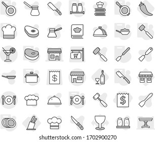 Editable thin line isolated vector icon set - receipt, shop, cocktail, cafe, stands for knives, pan, cook hat, spatula, chef knife, meat hammer, salt pepper, plates, fork spoon plate, steake, hot