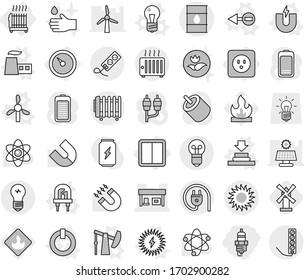 Editable thin line isolated vector icon set - spark plug, gas station, barrel, sun, barometer, power socket, switch, radiator, electron vector, magnet, bulb, led, on off button, factory, press, atom