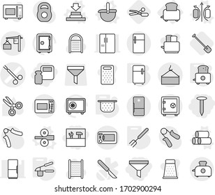 Editable thin line isolated vector icon set - scales weight, funnel, tools, nail, surgical clamp vector, loading, crane, safe, toaster, magnetic field, press, ladle, pipes, metal rolling, colander
