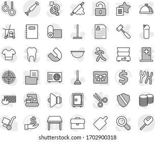 Editable thin line isolated vector icon set - plunger vector, cleaner trolley, mop, cleaning agent, colander, rolling pin, meat hammer, cutting board, double boiler, dish, copybook, magnet, case