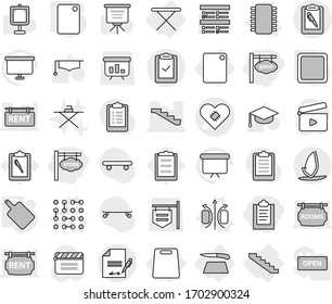 Editable thin line isolated vector icon set - clipboard, store signboard, shop, pacemaker vector, stairs, pen, check, inventory, windsurfing, iron board, cutting, magnetic field, chip, circuit, exam