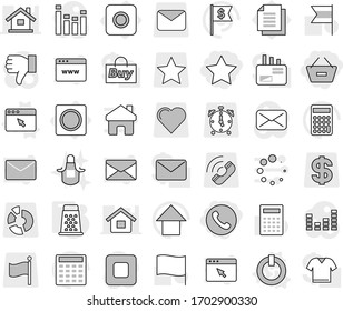 Editable thin line isolated vector icon set - remove from basket, star, phone, ring button, on off vector, browser window, grater, apron, calculator, flag, arrow up, dollar, document, call, heart