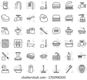 Editable thin line isolated vector icon set - wc, roentgen vector, water tap, bath, washing, soap, fetlock, mop, sponge, car, toilet brush, liquid, paper, shower, sink, tooth, with foam, basin