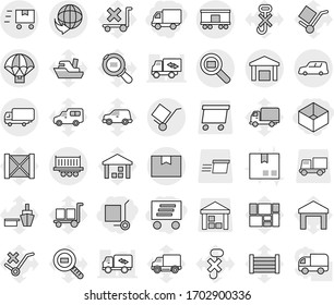 Editable thin line isolated vector icon set - box, delivery, cargo stoller, truck shipping, car, package, trolley, warehouse, search, railroad, parachute, fast deliver, ship vector, port, wood, no