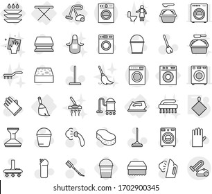 Editable thin line isolated vector icon set - iron, board, washing machine, broom, vacuum cleaner, plate, rag, bucket, vector, mop, sponge, car fetlock, steaming, washer, powder, cleaning agent