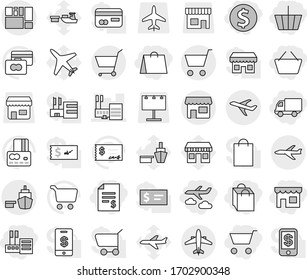 Editable thin line isolated vector icon set - cart, basket, dollar coin, account balance, shop, store, shopping bag, delivery, journey, mall, plane, port, consolidated cargo, airplane, vector, check
