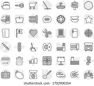 Editable thin line isolated vector icon set - gift, syringe vector, church, suitcase, hotel, lounger, lifebuoy, hanger, coil, satellite, kitchen scales, skimmer, cookies, lemon, watering, rake, soap