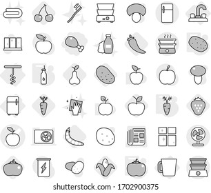 Editable thin line isolated vector icon set - chicken leg, apple vector, water tap, fridge, cup, corkscrew, vegetable oil, potato, tomato, carrot, hot pepper, cherry, corn, pear, strawberry, peas