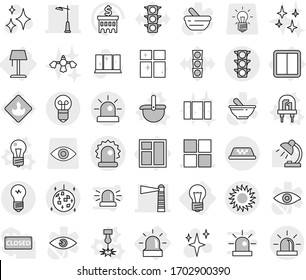 Editable thin line isolated vector icon set - lighthouse, window, outdoor light, traffic, alarm, taxi, sun, disco ball, bulb, power switch, floor lamp, vector, led, ladle, laser, shining, clean, eye