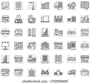 Editable thin line isolated vector icon set - shop, store, bridge, drawbridge, houses, goverment house, building, skyscrapers, skyscraper, modular, district, city, palace, outdoor light, office, bus