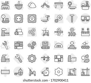 Editable thin line isolated vector icon set - nail, hangare, factory, port, customs control, warehouse scales, railroad shipping, transporter tape, power socket, table, vector, press, ladle, pipes