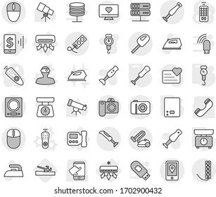 Editable thin line isolated vector icon set - mobile pay, location, air conditioning, intercome, remote control vector, vr helmet, kitchen scales, handle, blender, soil cutter, iron, telescope