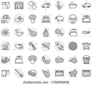 Editable thin line isolated vector icon set - chicken leg, head reflector vector, skull, flower bed, insurance, rocket, deltaplane, aquapark, satellite, kettle, sieve, shovel, goose, eggplant, sheep
