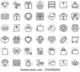 Editable thin line isolated vector icon set - gift, bow, shopping bag, box, sale label, delivery, diamond, necklace, heart vector, health care, package, hi quality, parachute, pendant, rack, money
