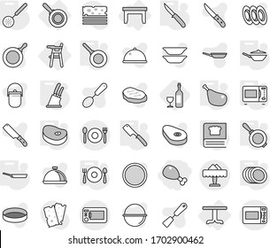 Editable thin line isolated vector icon set - chicken leg, cafe, restaurant, table, Chair for babies, pan, skimmer, knife holder, chef, microwave oven, cooking book, plates, fork spoon plate, steake