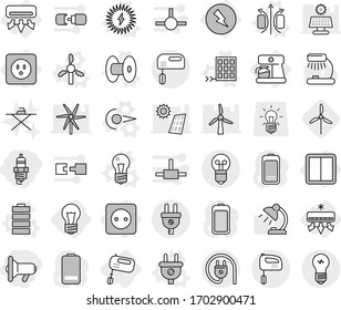 Editable thin line isolated vector icon set - megafon, spark plug, bulb, air conditioning, electricity, power socket, switch, mixer, coffee maker, photon vector, magnetic field, coil, windmill