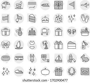 Editable thin line isolated vector icon set - gift, bow, hi quality package, plane, bus, passenger, lounger, palm, hawaiian wreath, disco ball, aquapark, baggage trolley, hotel, reception, golf