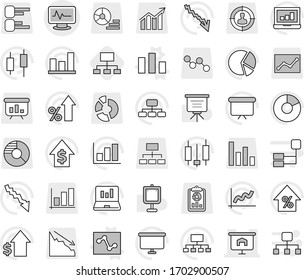 Editable thin line isolated vector icon set - monitor pulse vector, presentation, chart, analytics, hierarchy, graph, pie, japanese candle, laptop, crisis, percent growth, dollar, board, report