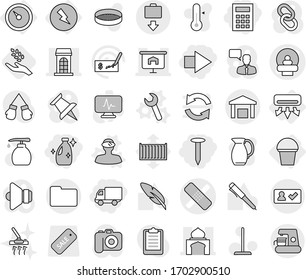 Editable thin line isolated vector icon set - delivery, right arrow, calculator, nail, cleanser, medical patch vector, tomography, building, minaret, presentation, documents, warehouse, check in