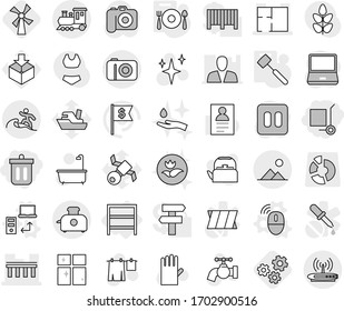 Editable thin line isolated vector icon set - bin, cargo stoller, bridge, plan, train, surfer, landscape, rack, data transfer vector, wireless mouse, meat hammer, fork spoon plate, windmill, gears