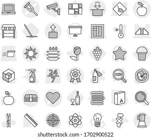 Editable thin line isolated vector icon set - heart vector, crutch, apple, under construction, window, pyramid, money, package, medal, baggage, sun, bucket, surveillance camera, plate washing, atom