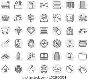 Editable thin line isolated vector icon set - cart, medal, heart cross vector, pregnancy, pill, mansion, airport tower, geo pin, documents, bar code, dog, map, safe, compass, water tap, door, shield