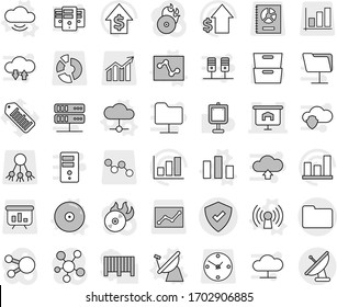 Editable thin line isolated vector icon set - presentation, documents, protected, satellite antenna vector, cloud, service, chart, analytics, cd, archive, graph, dollar growth, barcode, share, clock