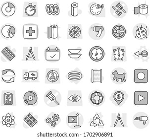 Editable thin line isolated vector icon set - dollar pin, crutch vector, medical flag, draw compass, drawing compasses, terms, disco ball, first aid, dog, lifebuoy, watch, inflatable pool, atom, eye
