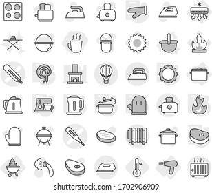 Editable thin line isolated vector icon set - hot drink, medical thermometer vector, air ballon, conditioning, hair dryer, pan, bbq, ladle, steam, kettle, cook glove, elecric oven, induction, fire