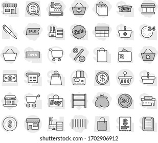 Editable thin line isolated vector icon set - basket, purse, add to, delete cart, market, shopping bag, sale, percent, bar code, cashbox, mall, shop, pen vector, dollar coin, credit card, office