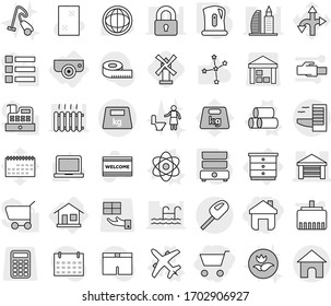 Editable thin line isolated vector icon set - cart, home, garage, heavy, hotel, surveillance camera, chest of drawers, atom vector, pipes, plane, kettle, double boiler, windmill, window cleaning